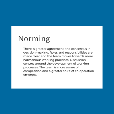 There is greater agreement and consensus in decision-making. Roles and responsibilities are made clear and the team moves towards more harmonious working practices. Discussion centres around the development of working processes. The team is more aware of competition and a greater spirit of co-operation emerges.